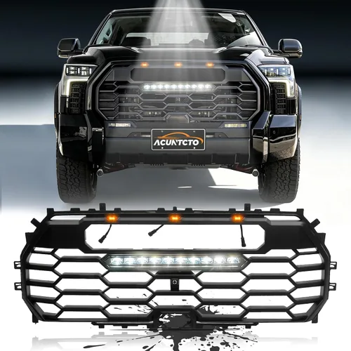 Vista 13 de Conjunto de parrilla frontal compatible con Tundra 2000 2001 2002 1ª generación, parrilla ABS estilo TRD con luces LED para modificación