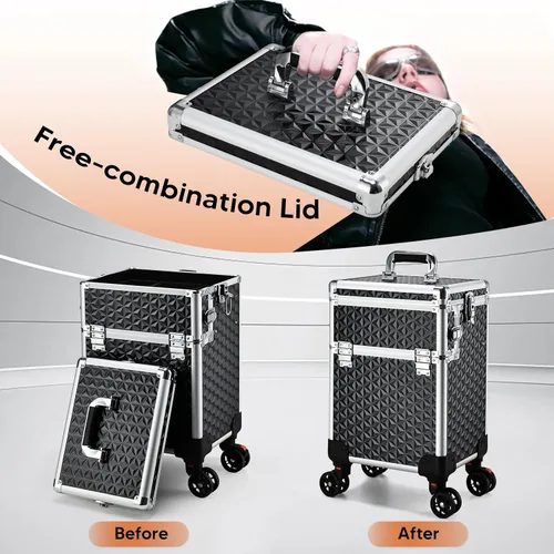 Vista 5 de Estuche de maquillaje profesional rodante, 3 en 1, estuche de cosmetología sobre ruedas, carrito de maquillaje grande para peluquería y peluquería