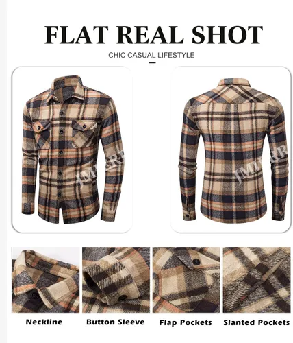 Vista 5 de JMIERR Camisas de franela para hombre, estilo casual, con botones, manga larga, a cuadros, chaquetas ligeras con bolsillos