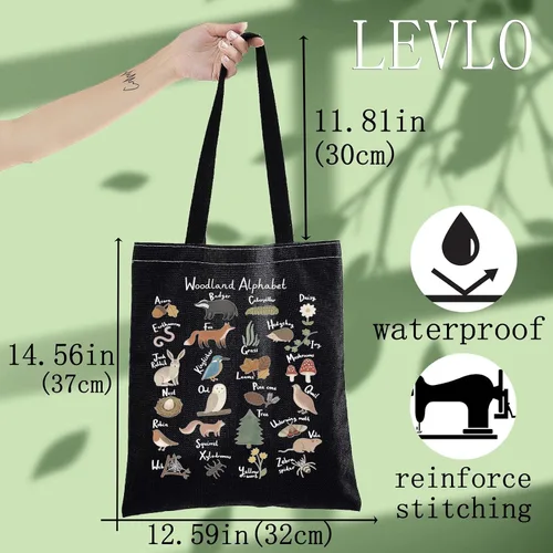 Vista 3 de LEVLO Bolsa de lona con diseño de alfabeto de animales - Bolsa de comestibles con temática de bosque A-Z