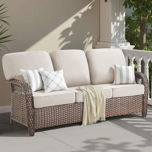 Vista 8 de Sofá de mimbre para patio al aire libre de 75 pulgadas, sofá de ratán para todo tipo de clima, sofá de respaldo alto con asiento profundo y funda