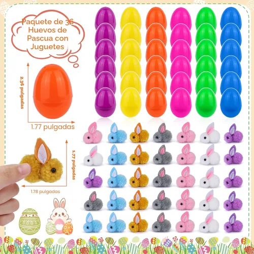 Vista 3 de Paquete de 36 rellenos de huevos de Pascua con peluche de conejo de Pascua, huevos de Pascua con juguetes en el interior, mini animales de peluche