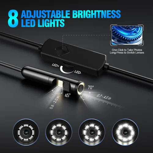 Vista 3 de Cámara endoscopio de doble lente con luz, boroscopio HD 1920P con 8 LED ajustables, cable de serpiente semirrígido de 16.4 pies, cámara
