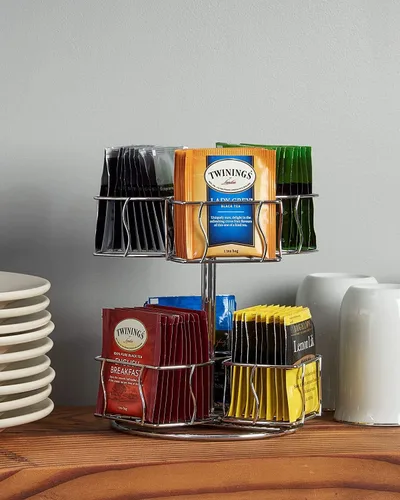 Vista 6 de Nifty - Carrusel giratorio de bolsitas de té, 6 compartimentos, hasta 60 bolsas de té, giros de 360 grados, plataforma Lazy Susan, diseño cromado