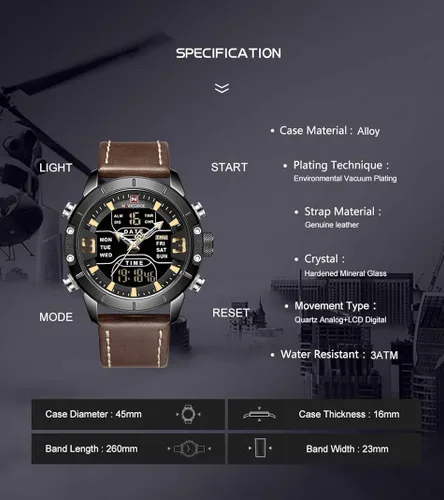 Vista 5 de NAVIFORCE Reloj deportivo digital para hombre, de cuero, cuarzo, impermeable, militar, cronógrafo, despertador, relojes de pulsera