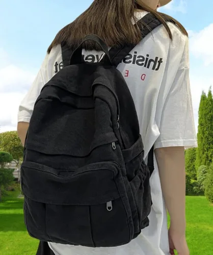 Vista 5 de Mochila de lona para mujer, mochila estética retro, mochila básica para estudiantes de secundaria/universidad, bolsa de viaje para laptop, Negro