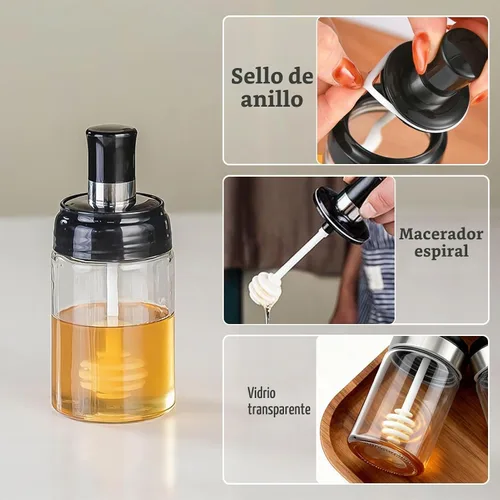 Vista 3 de MIUPOO Tarro de miel con cubierta de cuchara, diseño ondulado antideslizante botella de miel de vidrio, transparente de contenedor de miel, olla