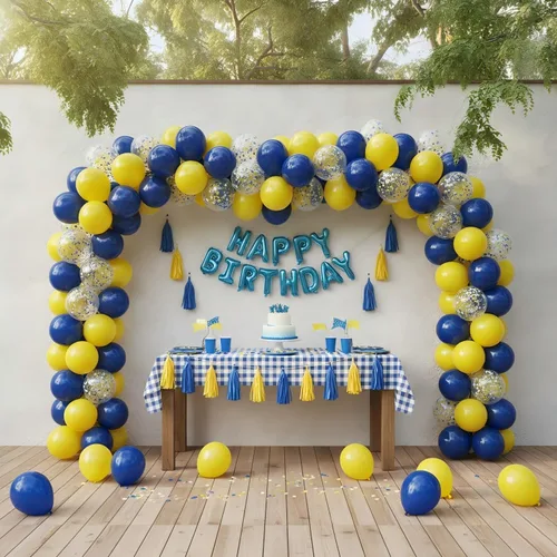 Vista 3 de Globos azul marino y amarillo de 12 pulgadas, globos de confeti azul marino y amarillo para decoraciones de fiesta de cumpleaños