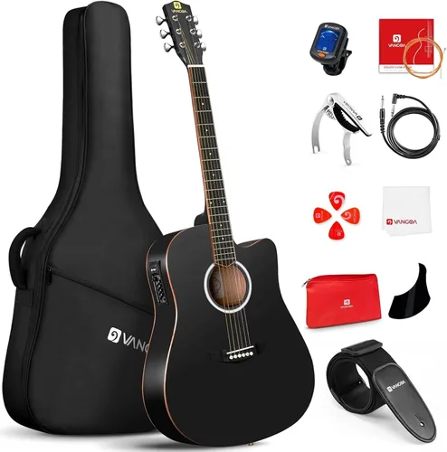 Vista 9 de Kit de guitarra electroacústica Vangoa para zurdos, tamaño completo, para principiantes adultos, con EQ de 4 bandas incorporado, bolsa, afinador