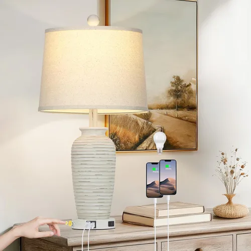Vista 10 de CINSARY Juego de 2 lámparas de mesa de jarra estilo granja de 25", lámparas de mesita de noche rústicas con control táctil de 3 vías con puertos USB