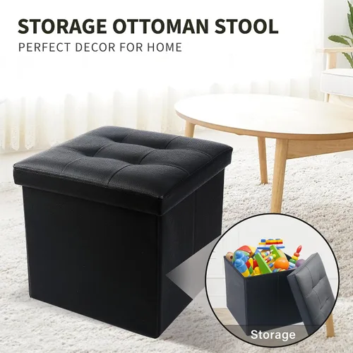 Vista 7 de LotFancy Otomana de almacenamiento, taburete plegable para reposapiés, banco pequeño de cuero de 13 x 12 x 12 pulgadas con almacenamiento, soporta
