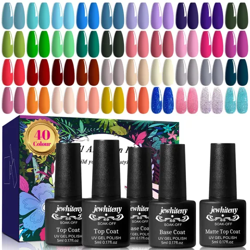 Vista 8 de JEWHITENY Juego de 30 esmaltes de uñas de 27 colores, verde, azul, rosa, naranja, Gitter Sock Off Gel Polish con capa base superior mate y brillante