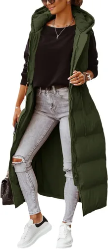 Vista 2 de Shanfetl Chaleco largo acolchado con capucha para mujer, sin mangas, chaleco acolchado, abrigo de invierno