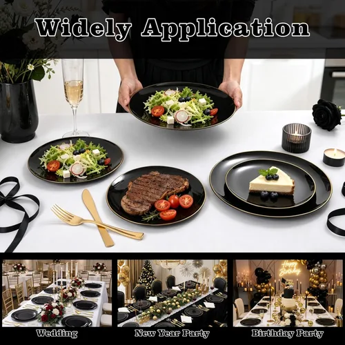 Vista 9 de YOUBET 125 piezas de platos de plástico negros y dorados - Platos desechables negros con borde dorado - Incluye 25 platos de cena, 25 platos