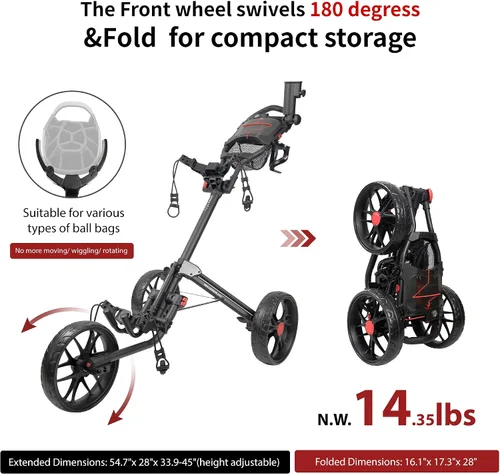 Vista 5 de Caddytek CaddyLite 15.3 V2 - Carrito de golf para empujar, ligero, plegable, de aluminio con ruedas EVA, freno de pie, mango ajustable, soporte