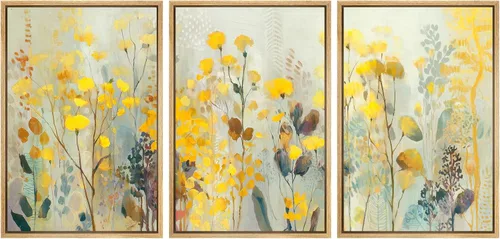 Vista 13 de SIGNWIN Lienzo enmarcado para pared, juego de arte de campos pastorales, flores silvestres, campo rústico, paisaje, floral, ilustraciones modernas