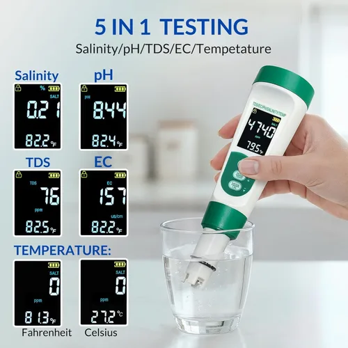 Vista 5 de Kit de probador digital de agua para piscina 11 en 1 que incluye probador de sal 5 en 1 para piscina de agua salada y tiras de prueba de piscina 7