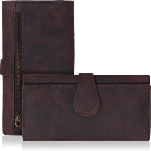 Vista 17 de Cartera de cuero genuino para mujer de cuero con bloqueo RFID - Tarjetero triple de diseñador para damas tipo clutch con ventana de identificación