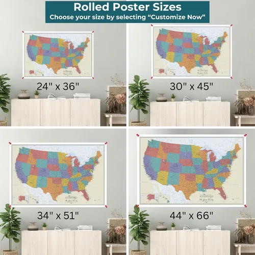 Vista 6 de Póster personalizado enrollado en lienzo con mapa de Estados Unidos, arte de pared grande de 24 x 36 pulgadas, póster de mapa de océanos de Estados
