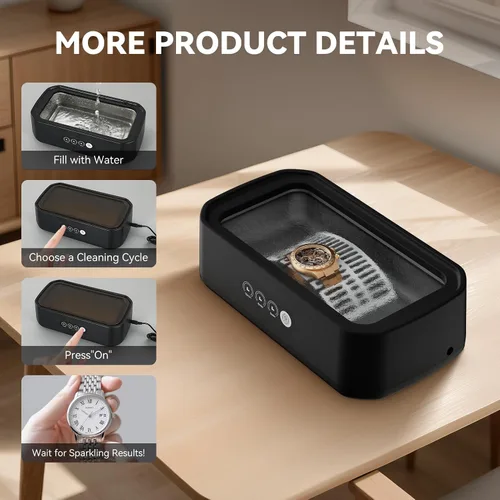 Vista 5 de Limpiador Ultrasónico de Joyas, Máquina Limpiadora de 50KHz con 3 Modos de Temporizador, Tanque de Acero Inoxidable 304 de 22 oz, Máquina Sónica
