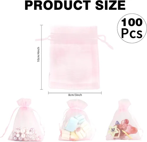 Vista 2 de Bolsas de organza, bolsas de organza rosa, 100 unidades, bolsas de organza transparente de 3 x 4 pulgadas, bolsas de regalo de joyería, bolsas