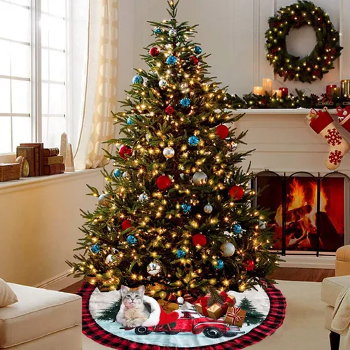 Vista 4 de ORTIGIA Falda de Árbol de Navidad de Camión de 48 Pulgadas Cuadros Búfalo Rojo Negro Falda de Árbol de Navidad Cuello Borde con Volantes para Granja