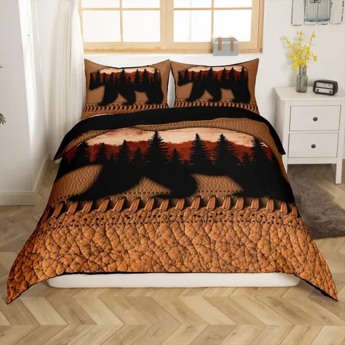 Vista 42 de Funda de edredón de cabaña marrón retro, juego de ropa de cama de retazos con diseño de oso del bosque, ciervos para cabaña rústica, funda de Multi
