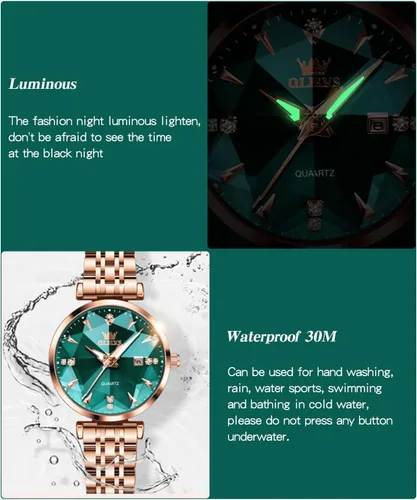 Vista 4 de OLEVS Relojes de mujer Vestido simple Reloj de mujer Reloj de acero inoxidable de oro rosa Reloj impermeable de cuarzo con fecha de lujo