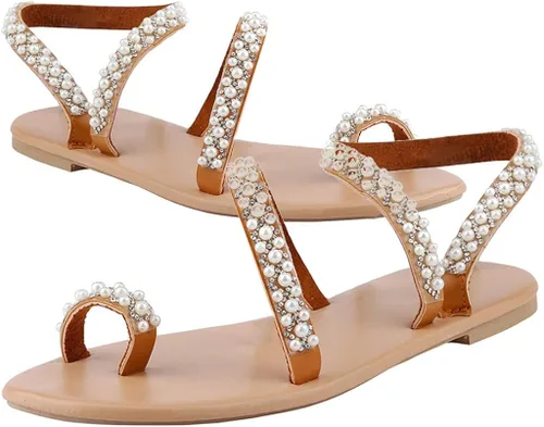 Vista 5 de AIHOU Sandalias para mujer estilo bohemio con punta de perlas de cristal sandalias planas informales cómodas con tiras para mujer