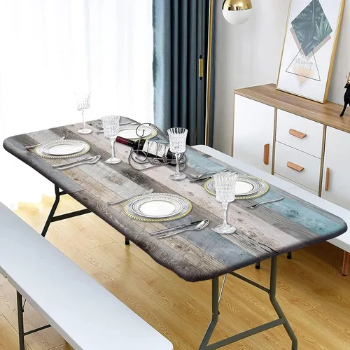 Vista 2 de Mantel rectangular elástico ajustable, con textura de madera de granja, cubierta de mesa de poliéster para mesa de bufé, picnic, cafeterías Mantel