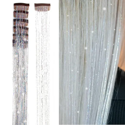 Vista 7 de Extensiones de oropel para el cabello con clip Bronce con reflejos para el cabello 52 cm 6 piezas, cabello de hada multicolor, oropel sintético