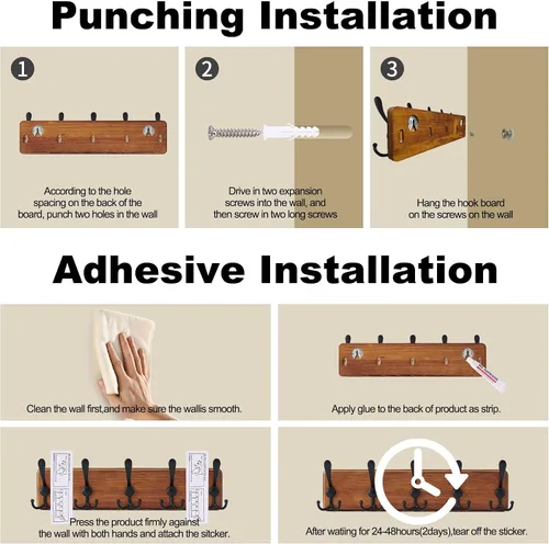 Vista 7 de Perchero de madera rústica con 5 ganchos, soporte de pared resistente para colgar chaquetas (marrón)