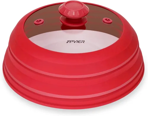 Vista 13 de FPVIER Cubierta plegable para salpicaduras de microondas - Tapa ventilada de silicona y vidrio con mango de fácil agarre, se ajusta a platos