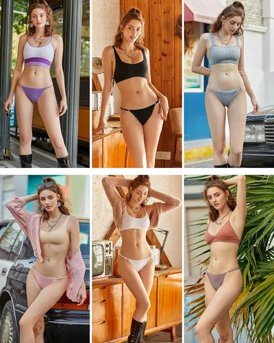 Vista 5 de FINETOO Tangas ajustables para mujer, ropa interior de algodón de baja altura con espalda en T, tangas sexy con ribete de encaje, transpirable