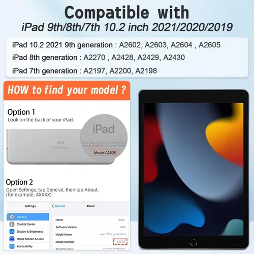 Vista 2 de BMOUO Funda para iPad de 9ª/8ª/7ª generación de 10.2", a prueba de golpes con soporte giratorio de 360°, correa de hombro y mano, funda para iPad