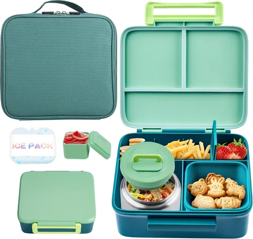 Vista 10 de Lonchera Bento para niños con termo, a prueba de fugas, con tarro de comida aislado de 8 onzas, bolsa de almuerzo, sin BPA, apta para lavavajillas