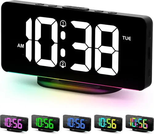 Vista 9 de Reloj despertador digital para dormitorio, superficie de espejo LED de 6.7 pulgadas con 2 puertos de carga USB, brillo ajustable, alarma doble