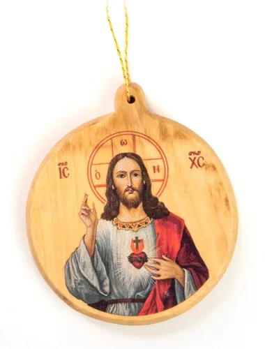 Vista 8 de Adornos de Navidad católicos – Sagrada Familia Bizantina Icono Redondo Adornos de Madera de Olivo de Tierra Santa – Pequeños adornos de Navidad