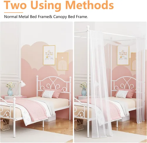Vista 5 de Weehom - Estructura de cama con dosel individual, con cabecero y pie de cama, cortinas de cuatro postes de metal, diseño de plataforma de cama