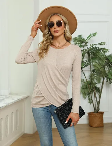 Vista 2 de Blusa con cuello en V, manga larga y nudo trenzado para mujer, diseño cómodo, holgado e informal