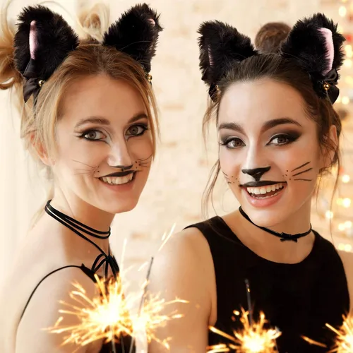 Vista 7 de OIIKI - Diadema con orejas de gato con campana orejas negras disfraz de fiesta con 3 gargantillas de encaje para mujeres niñas adultos y niños