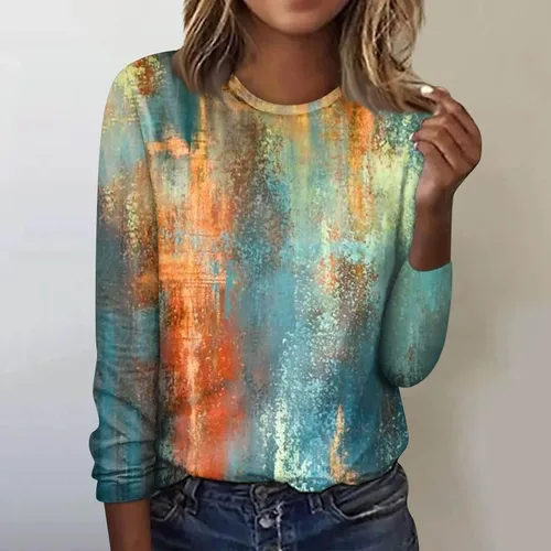 Vista 3 de Camisetas de talla grande para mujer, con estampado casual de moda, manga larga, cuello redondo, con solapa, cómodas, camisetas