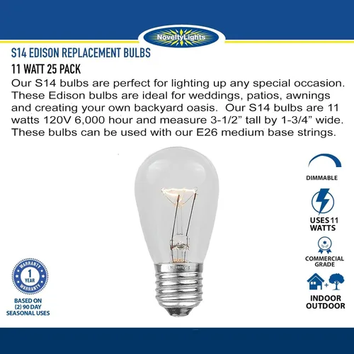 Vista 2 de Novelty Lights Paquete de 25 focos S14 para patio al aire libre con base Edison de repuesto, E27 de tamaño mediano, multicolor, 11 vatios