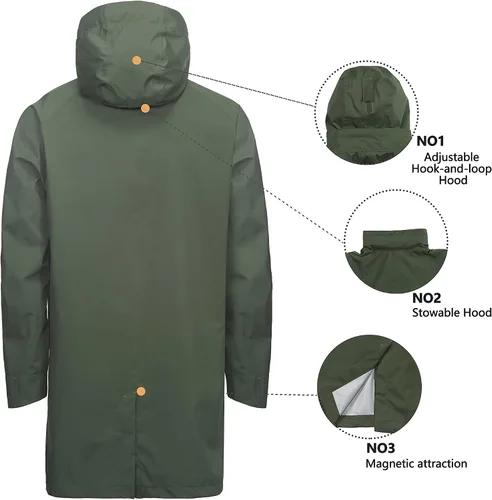 Vista 8 de Little Donkey Andy Chaqueta impermeable para hombre, para exteriores, ligera, cortavientos de montaña, abrigo largo para senderismo, golf, viajes