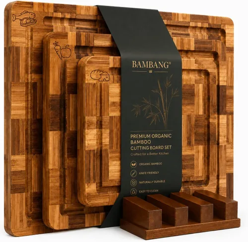Vista 11 de BAMBANG Juego de tablas de cortar de bambú, tablas de cortar de madera de 3 piezas para cocina, bloque de carnicero no tóxico con ranura para jugo