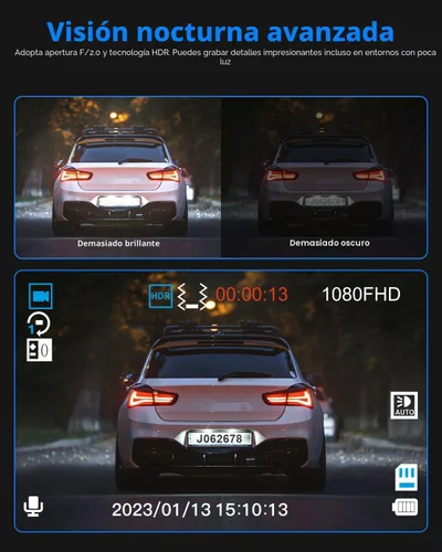 Vista 7 de Cámara de tablero frontal y trasera, cámara de tablero 1080P para automóviles, cámara de automóvil de 3 canales frontal trasera e