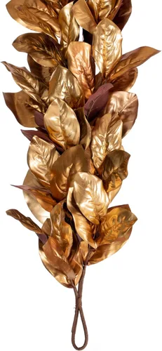 Vista 3 de Vickerman Guirnalda de hojas de magnolia dorada metálica de 72 pulgadas. Mide 72 x 7.5 pulgadas.