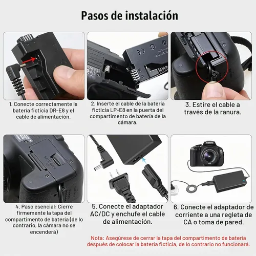 Vista 6 de ACK-E8 Adaptador de corriente de CA DR-E8 Kit de acoplador de CC de reemplazo de batería LP-E8 para cámaras Canon EOS Rebel T5i T4i T3i T2i 700D