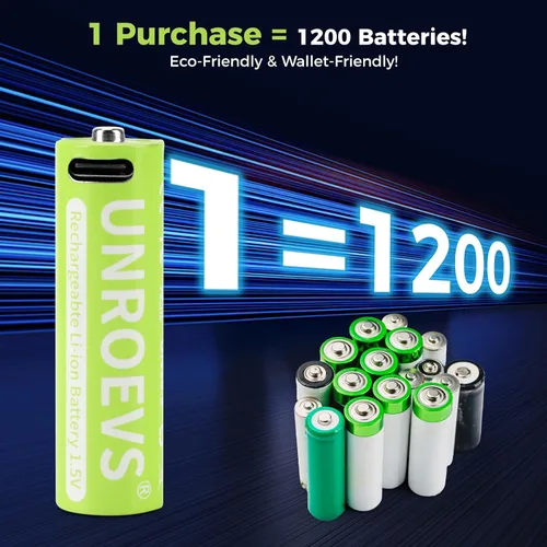 Vista 7 de UNROEVS Baterías AA de litio recargables USB, 3400 mWh 1.5 V recargable doble A con cable USB-C 2 en 1, carga rápida de 2 horas, más de 1200 ciclos.