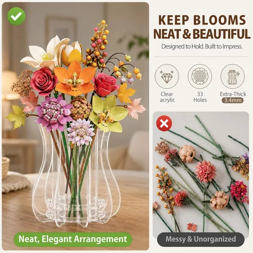 Vista 3 de Upgraded Acrylic Vase for Lego Flowers Bouquet, 3.4mm Thickened, 33 Holes